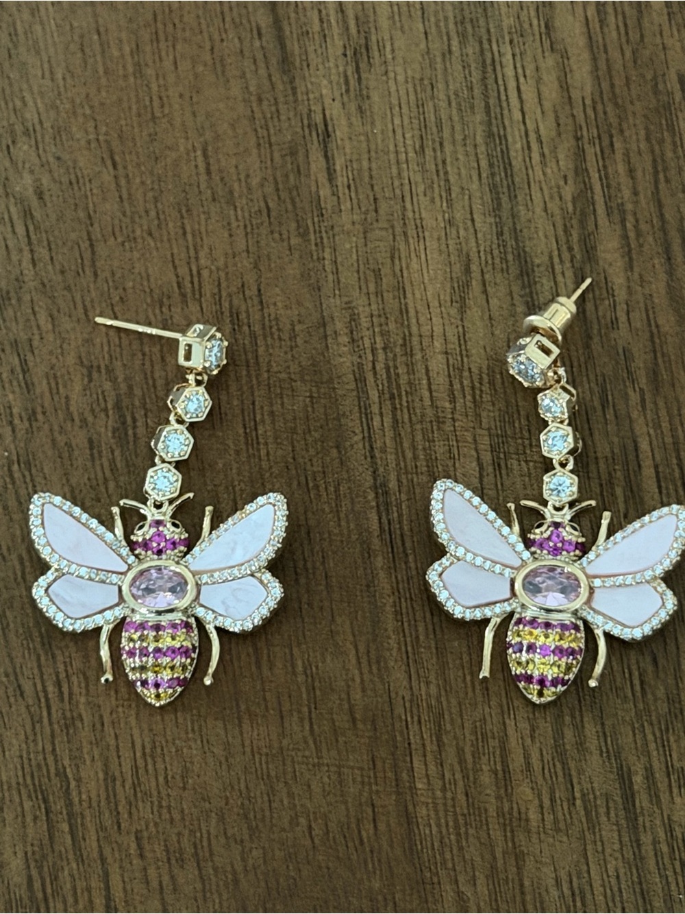 Gold-Tone Bee Drop Earrings with Pink and Purple Stones